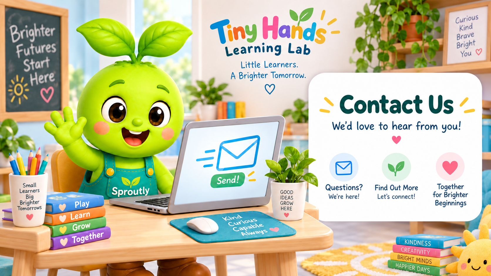 Sproutly sitting at a computer sending an email for Tiny Hands Learning Lab