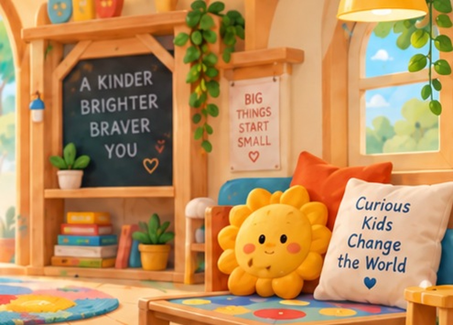 Cozy learning room with books, plants, and playful decor